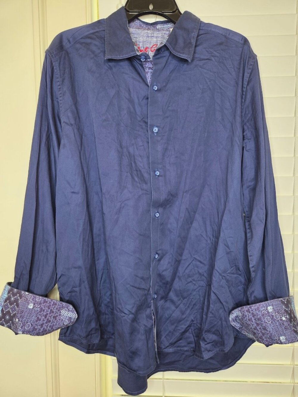 Robert Graham Mens XL Navy Button-Up Shirt Contrast Cuffs Classic Bloke Preppy